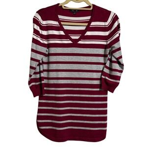 Lety & Me Womens Burgundy Striped V-Neck 3/4 Sleeve Sweater Small